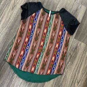 Colorful Patterned Top with Black Sleeves